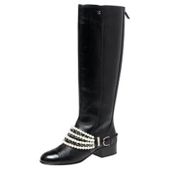 Used Chanel Black Leather Pearl Embellished Knee Length Boots Size 38
