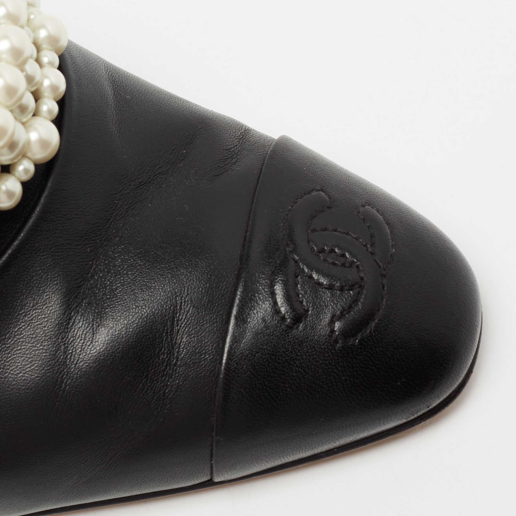 Chanel Black Leather Pearl Embellished Mules Size 41 1