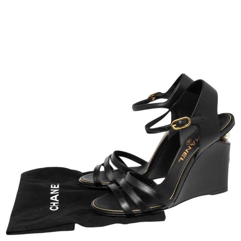 Chanel Black Leather Pearl-Embellished Wedge Sandals Size 38 at