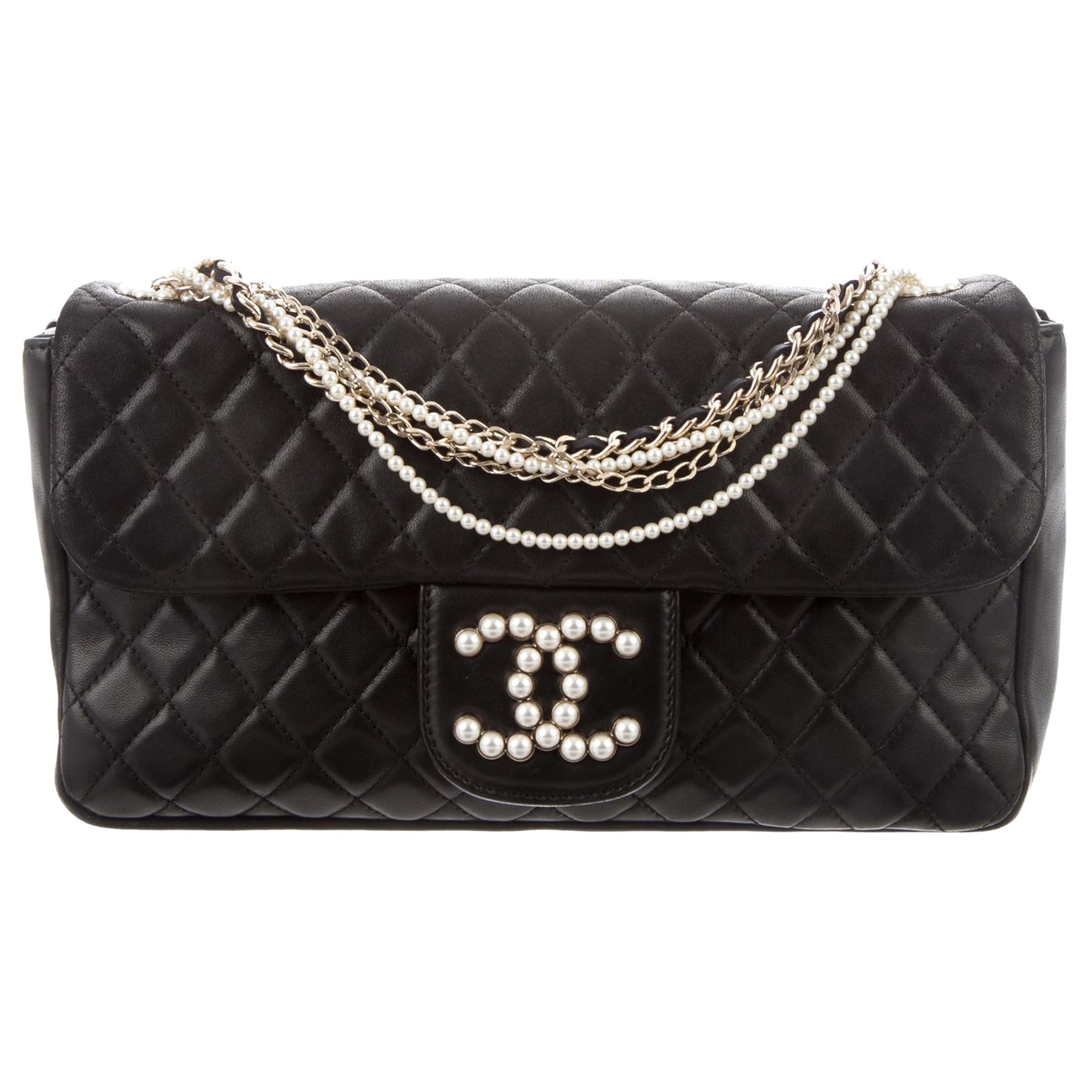 Chanel Black Leather Pearl Gold Medium Evening Shoulder Flap Bag