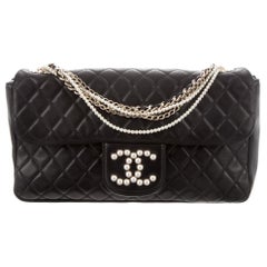 Chanel Black Leather Pearl Gold Medium Evening Shoulder Flap Bag