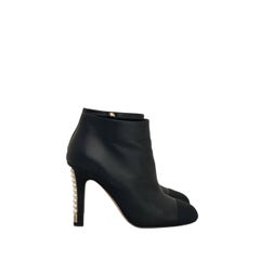 Chanel Black Leather Pearl Heel Ankle Boots Sz 38.5