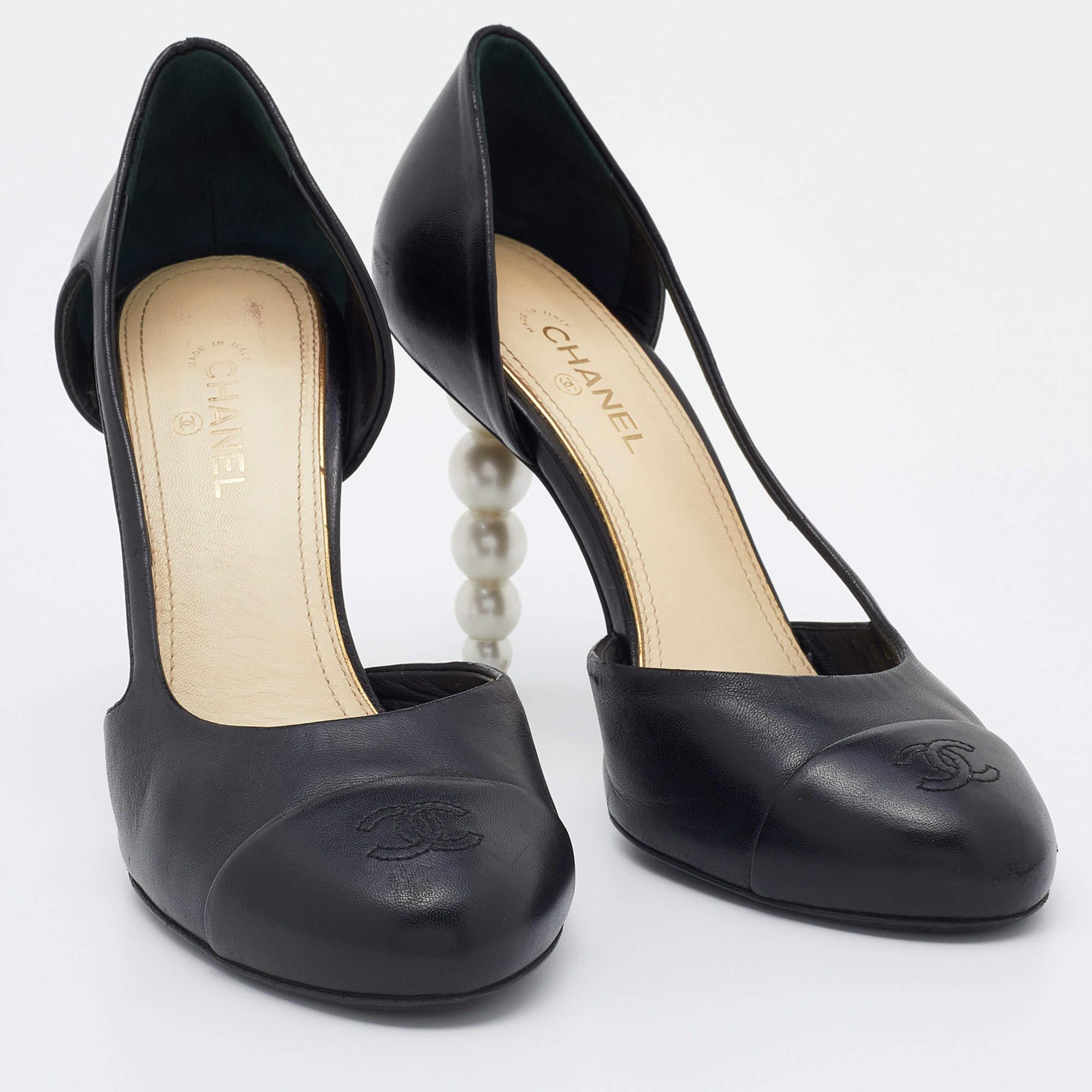 Chanel Black Leather Pearl Heel D'Orsay Pumps Size 38 1