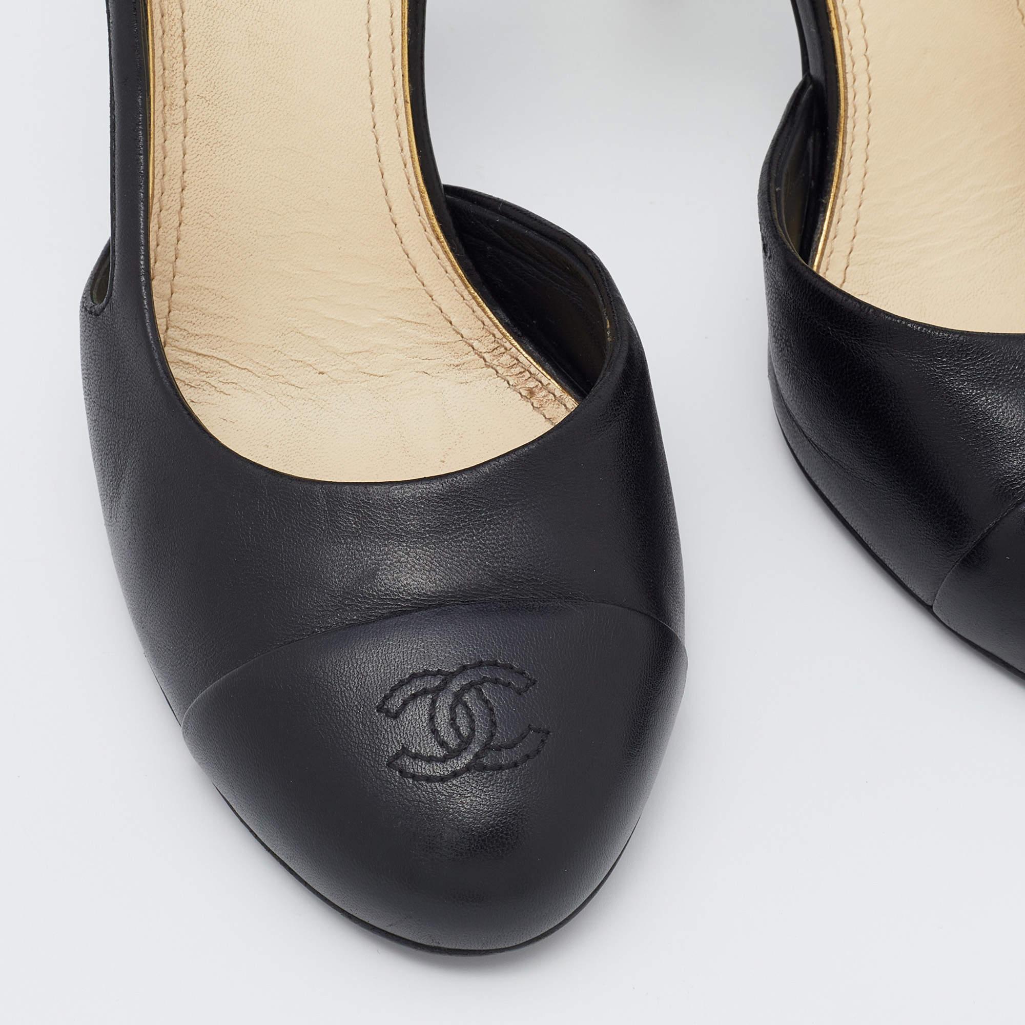 Chanel Black Leather Pearl Heel D'Orsay Pumps Size 38 2