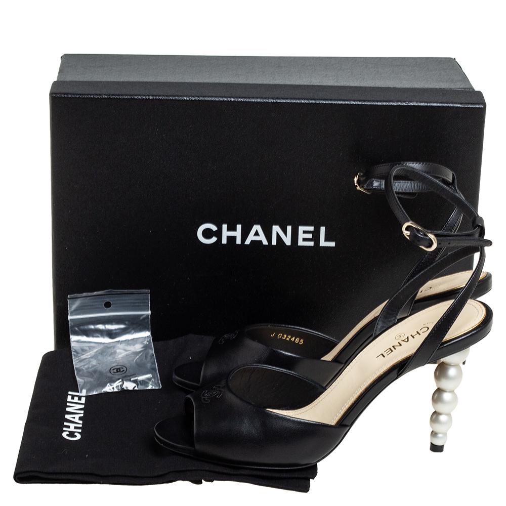 Women's Chanel Black Leather Pearl Heel Sandals Size 38.5