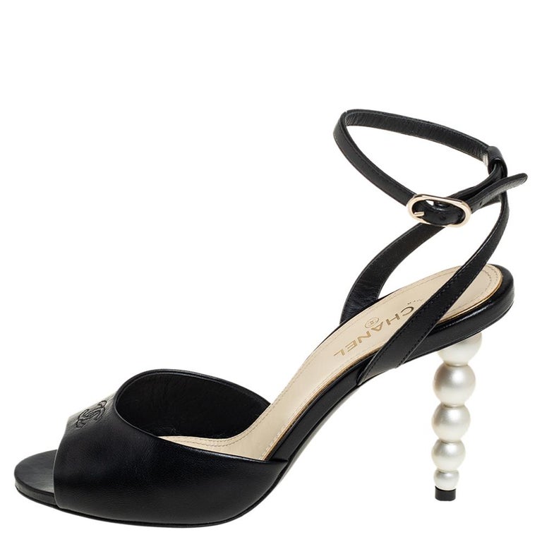 Chanel Black Leather Pearl Heel Sandals Size 38.5 at 1stDibs | chanel pearl  heels