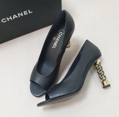 Chanel Black Leather Peep Toe Pumps 