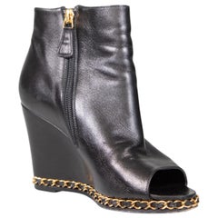 Chanel Black Leather Peep Toe Wedge Boots Size IT 36.5