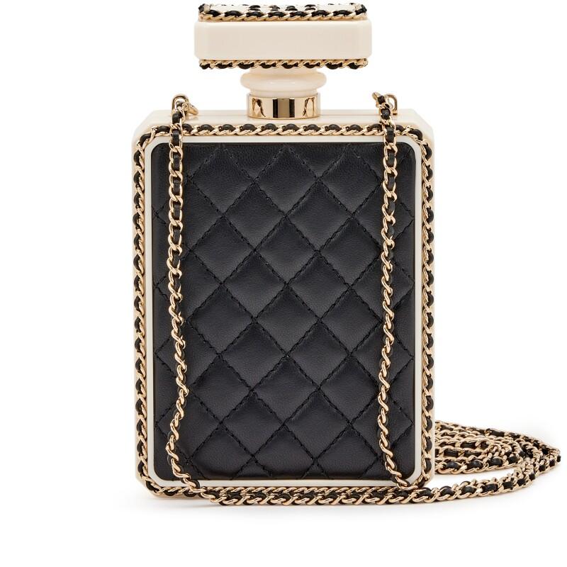 Women's Chanel Black Leather Perspex Gold Perfume Bottle Minaudiere Bag For Sale