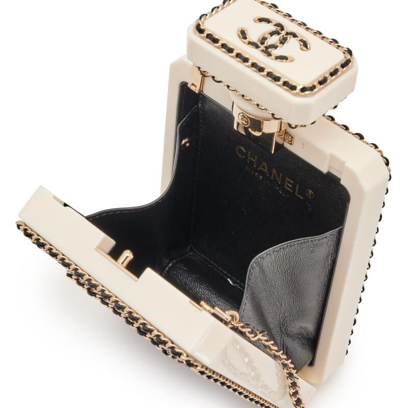 Chanel Black Leather Perspex Gold Perfume Bottle Minaudiere Bag For Sale 4