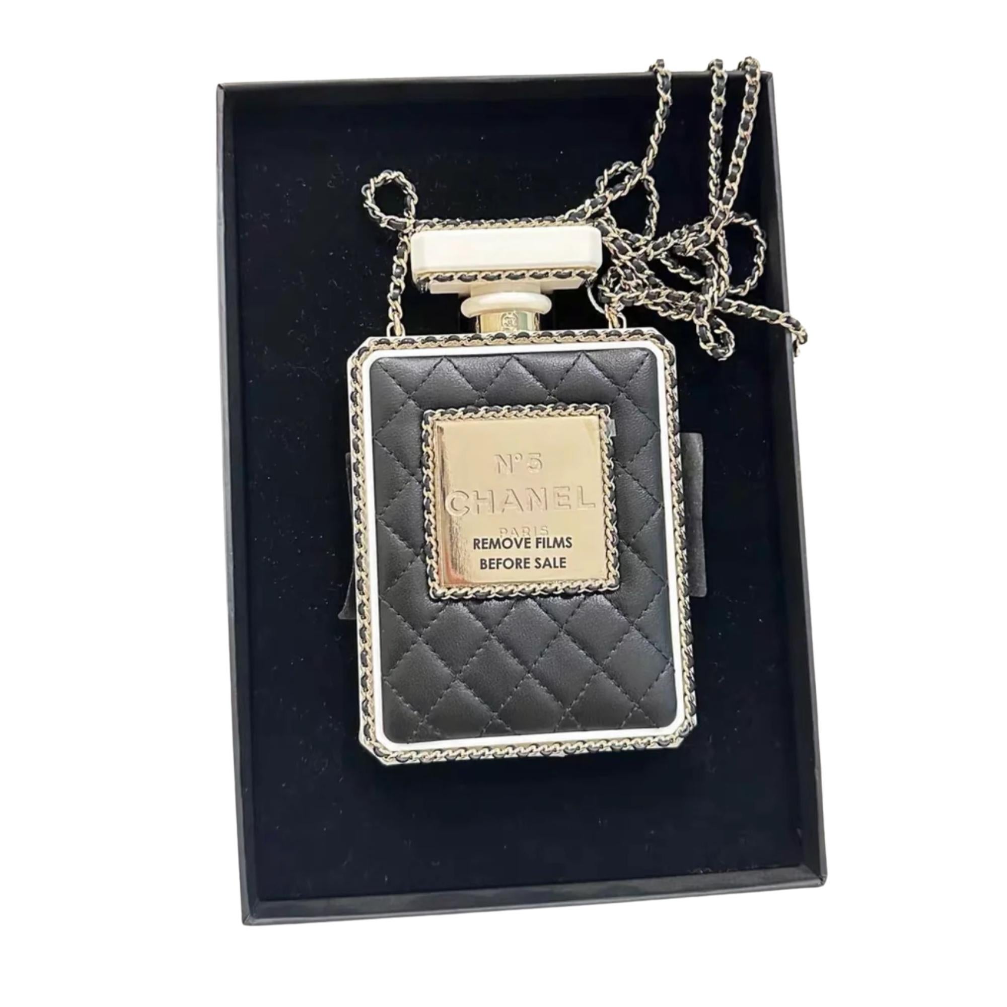 Chanel Black Leather Perspex Gold Perfume Bottle Minaudiere Bag For Sale 5