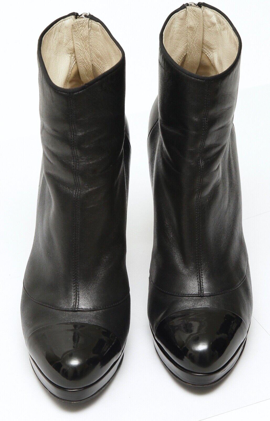 Women's CHANEL Black Leather Platform Ankle Boot Patent Silver Almond To Zipper Sz 41