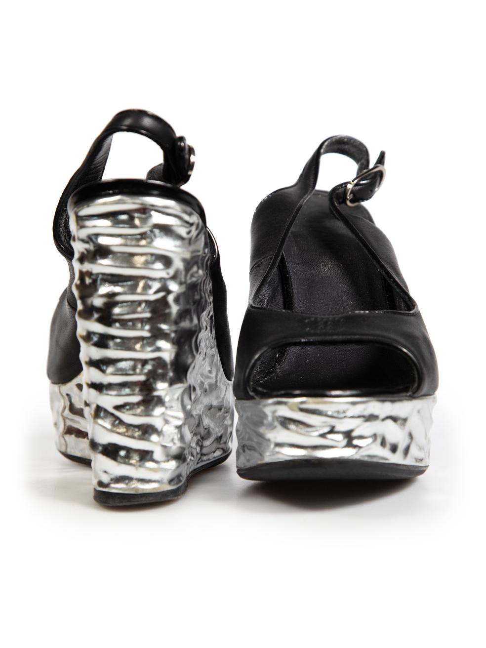 Chanel Black Leather Platform Wedge Sandals Size IT 38.5 In Good Condition In London, GB
