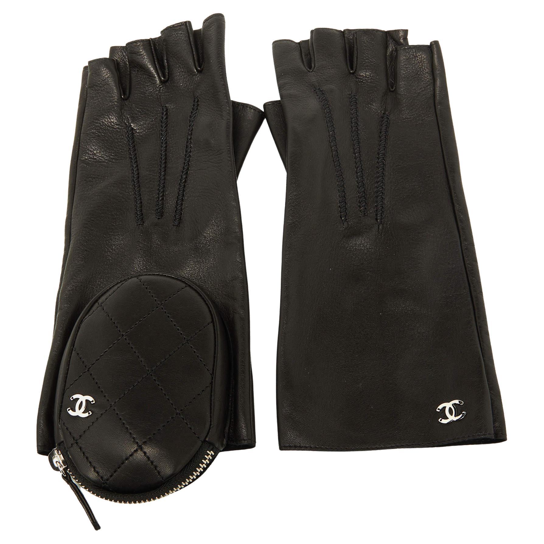 Chanel CC Gray Silver Leather Long Fingerless Women’s Gloves