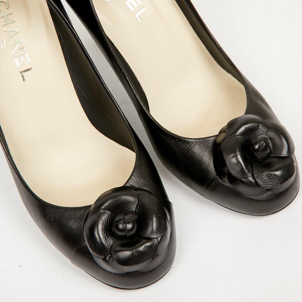 Chanel Black Leather Pumps with Camellia 2