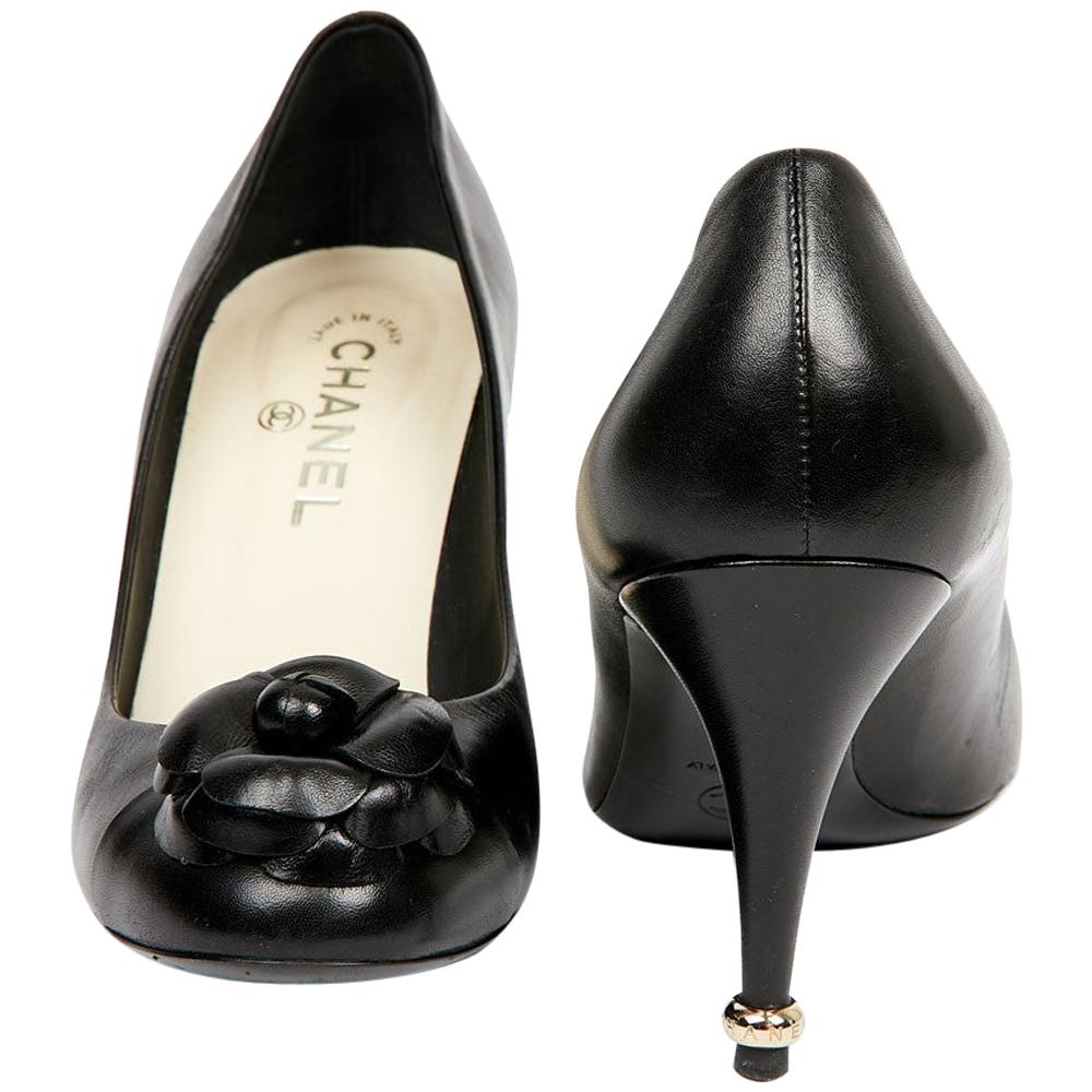 Chanel Black Leather Pumps with Camellia