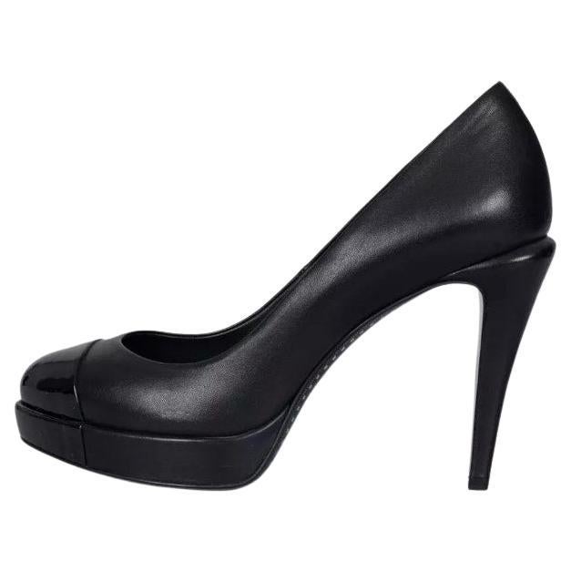 Chanel Black Leather Pumps with Patent Cap Toe - Size 38.5