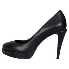 Chanel Black Leather Pumps with Patent Cap Toe - Size 38.5