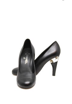 Chanel Black Leather Pumps with Pearl