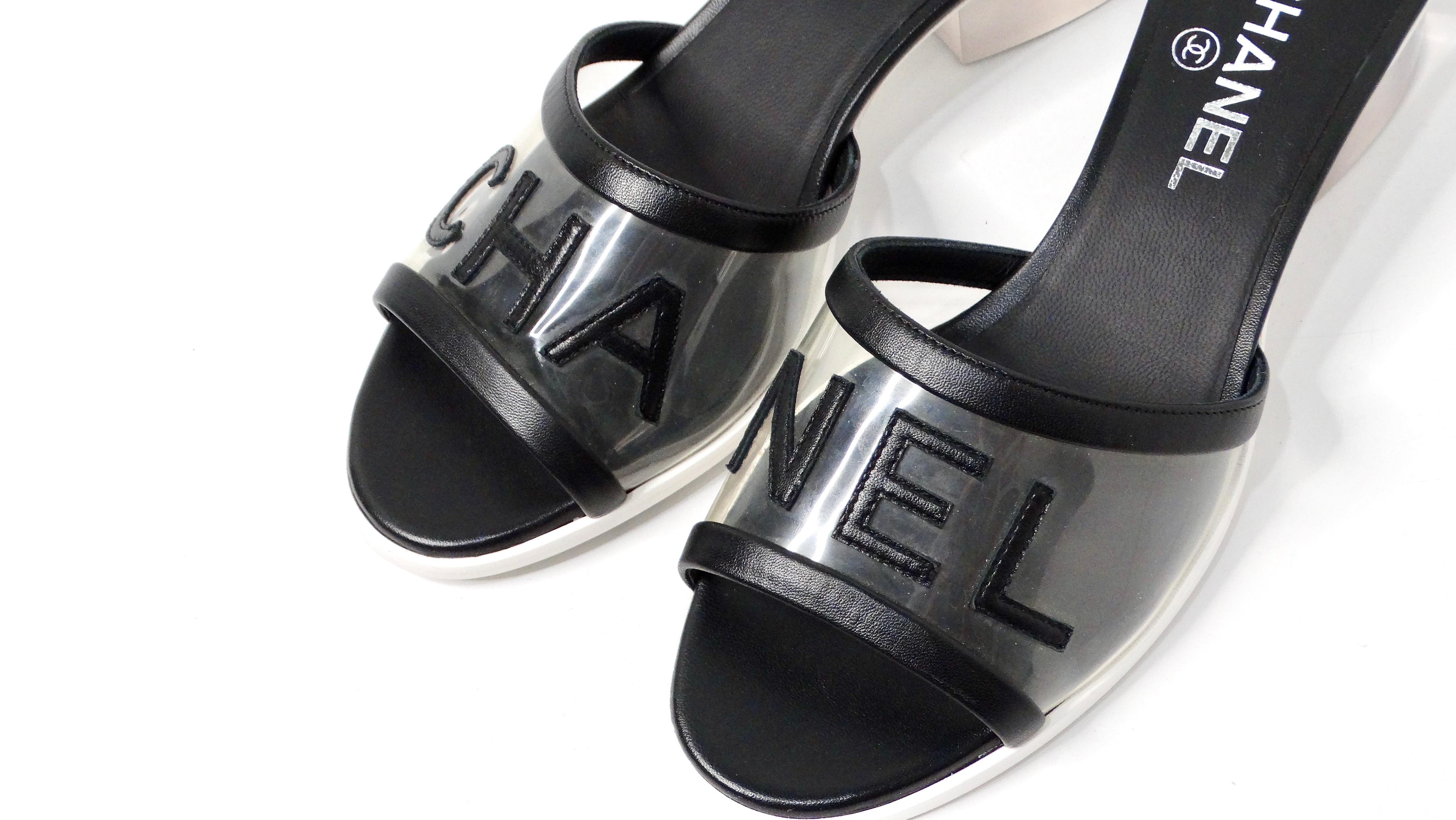 Chanel Black Leather & PVC Slide Sandals With Resin Block Heels In Good Condition In Scottsdale, AZ