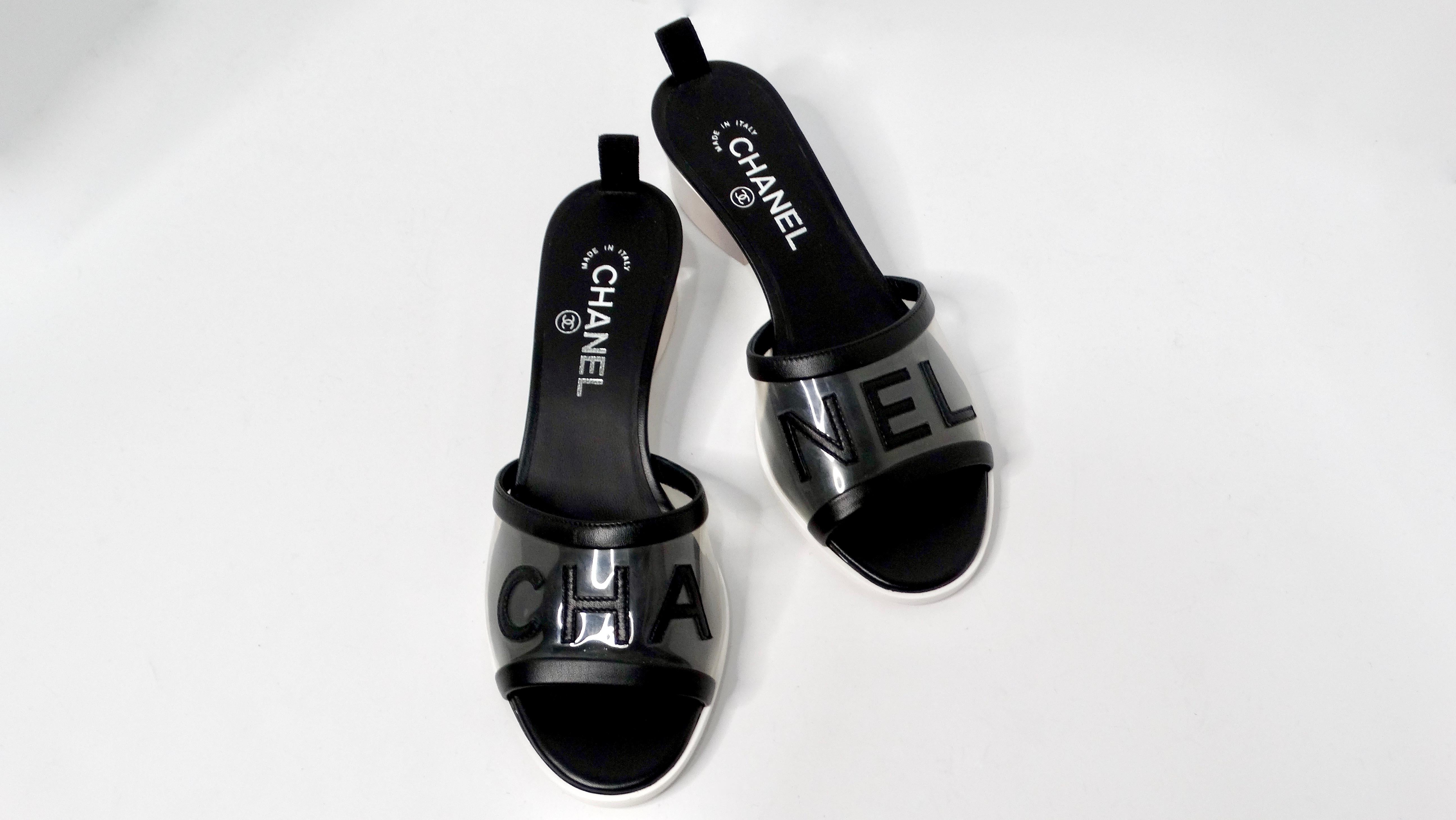 Women's Chanel Black Leather & PVC Slide Sandals With Resin Block Heels
