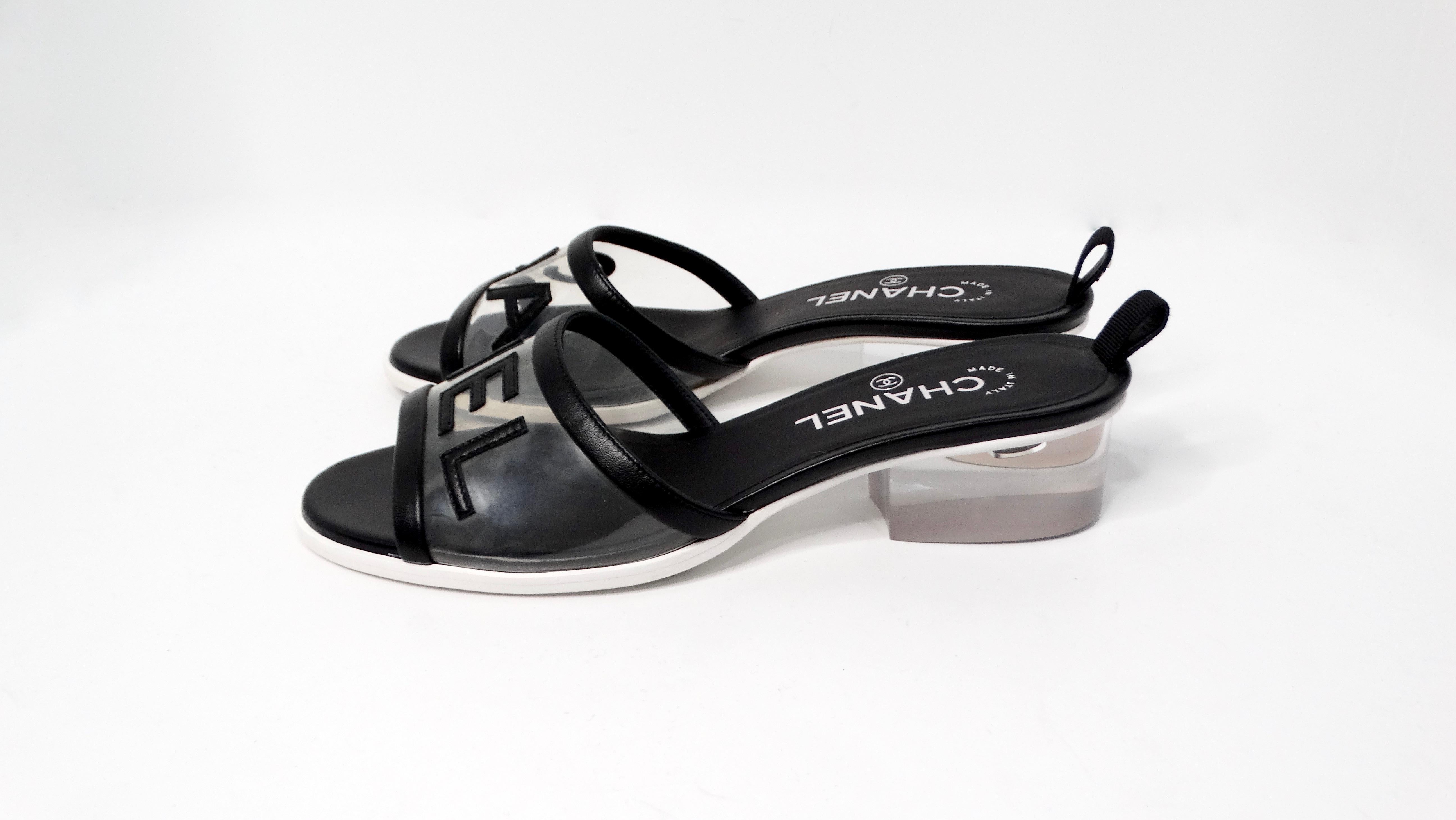 Chanel Black Leather & PVC Slide Sandals With Resin Block Heels 2