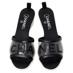 Chanel Black Leather & PVC Slide Sandals With Resin Block Heels
