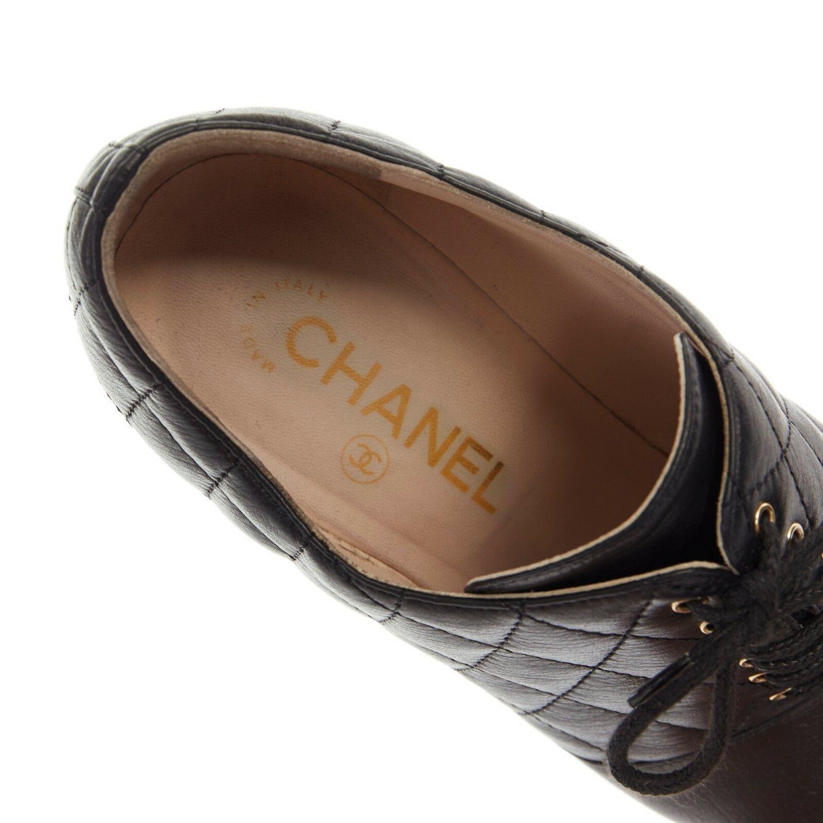 CHANEL black leather quilt stitched wooden platform CC chunky heel bootie EU39C 4