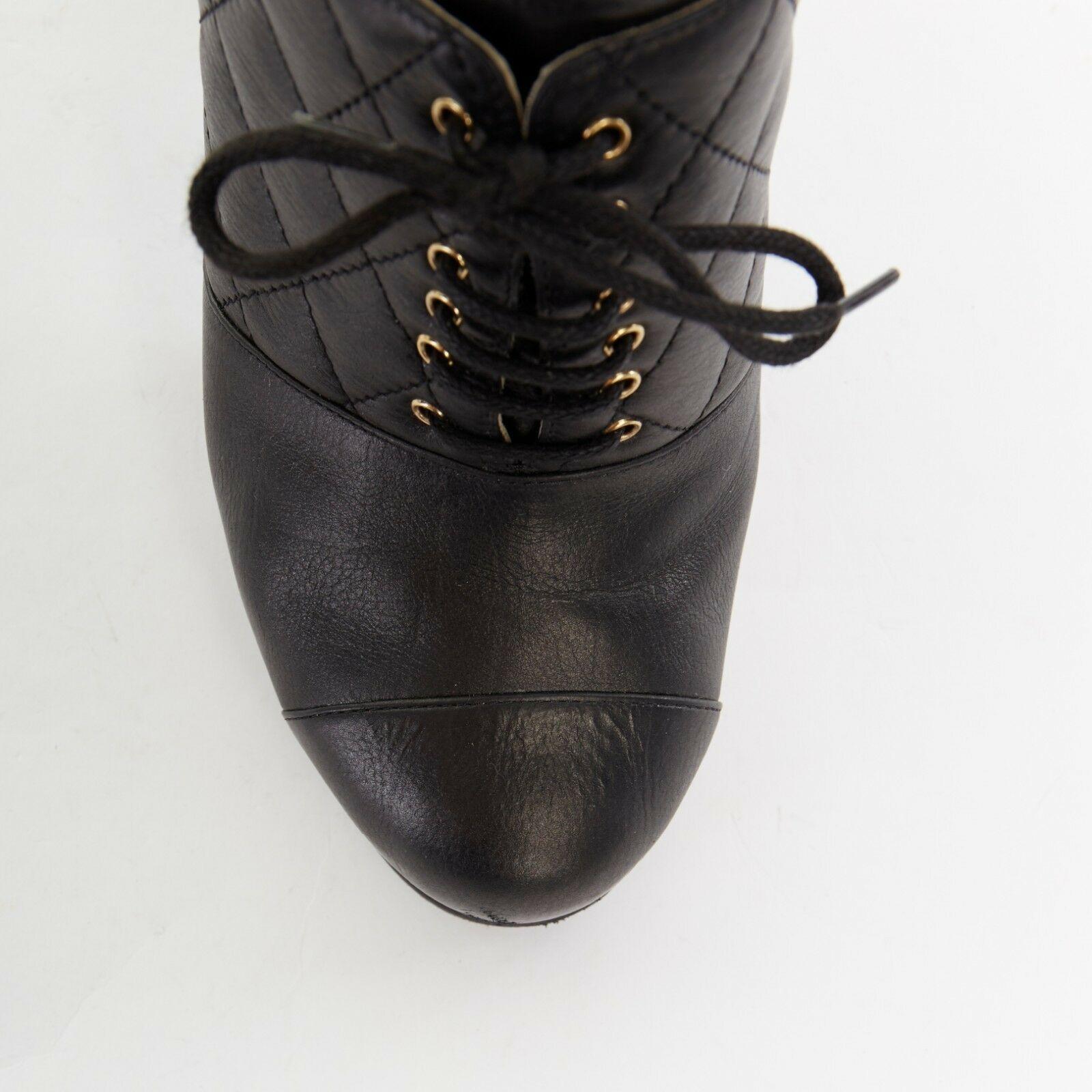 CHANEL black leather quilt stitched wooden platform CC chunky heel bootie EU39C 1