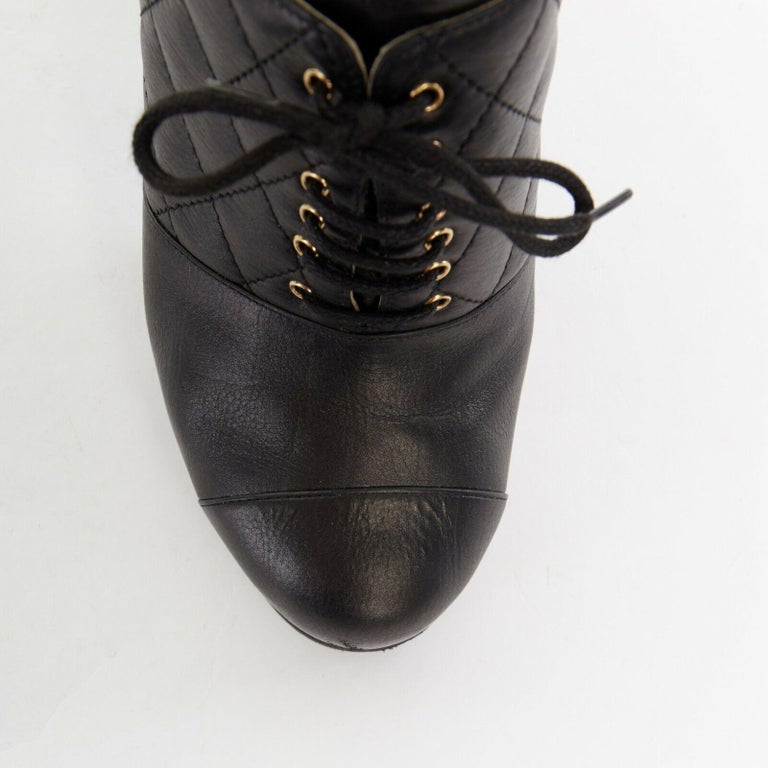 CHANEL black leather quilt stitched wooden platform CC chunky heel bootie  EU39C