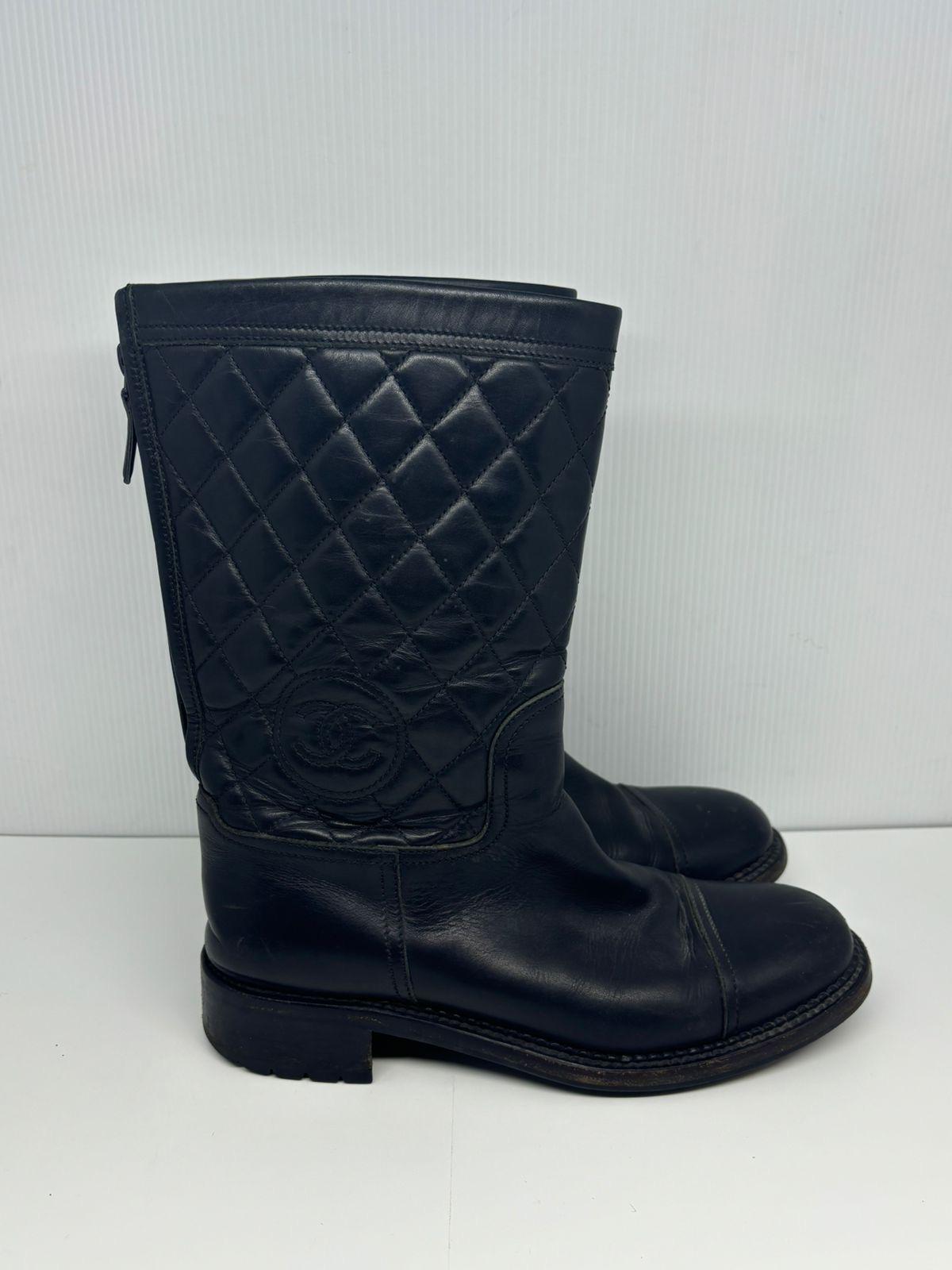 Chanel Black Leather Quilted Biker Boots 4