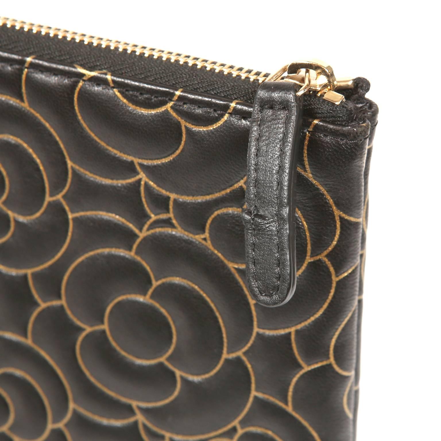 Chanel Black Leather Quilted Camellia Clutch 2