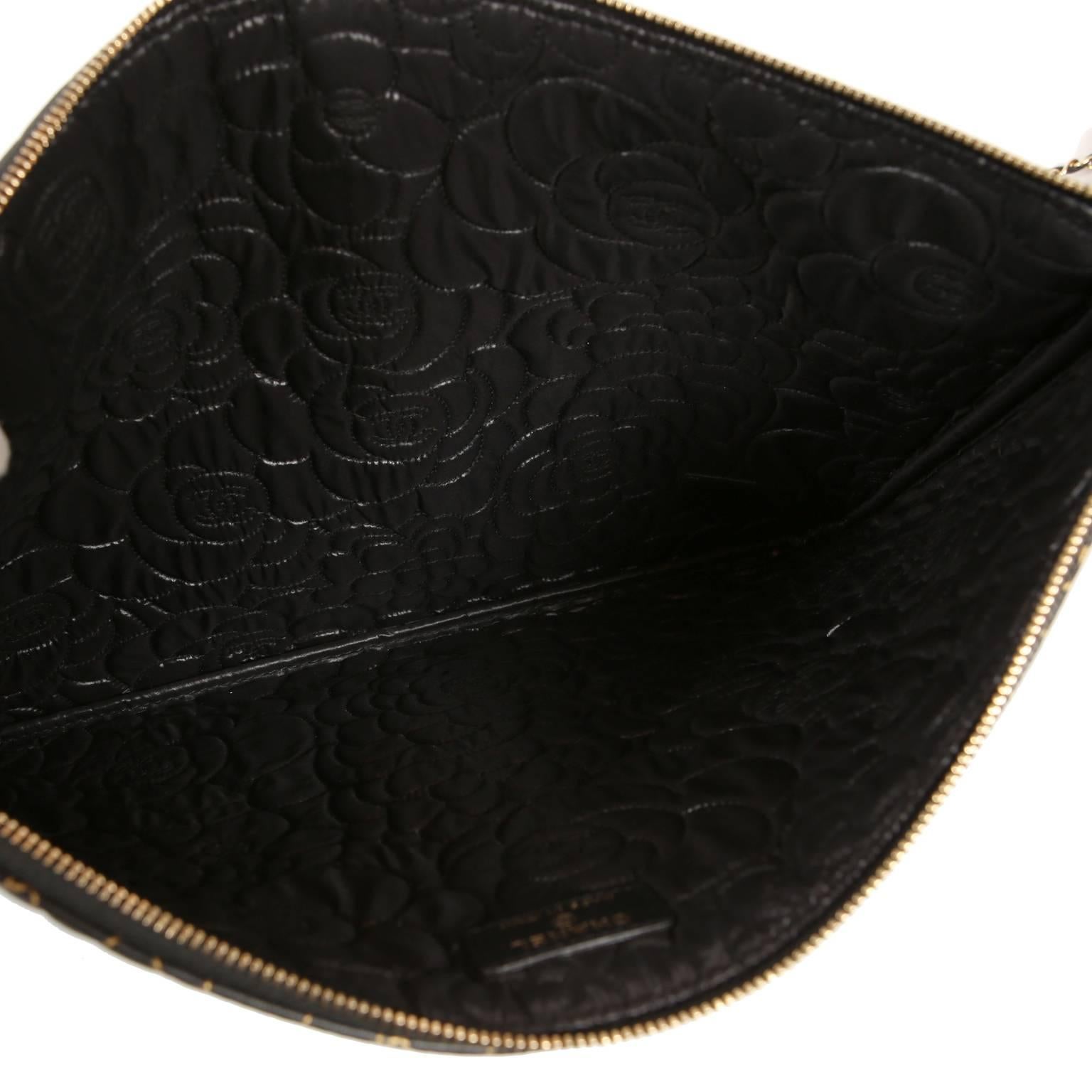 Chanel Black Leather Quilted Camellia Clutch 3