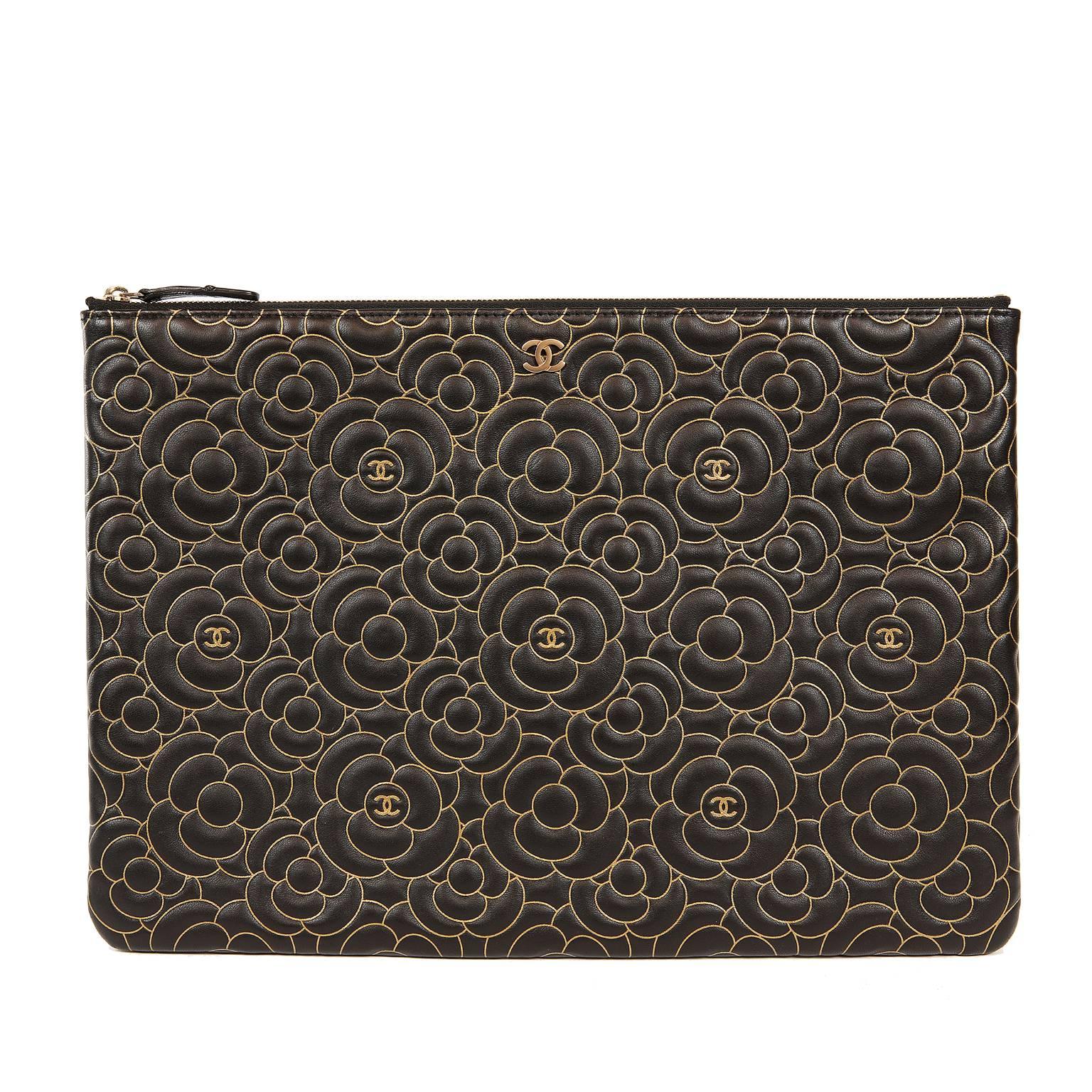 Chanel Black Leather Quilted Camellia Clutch