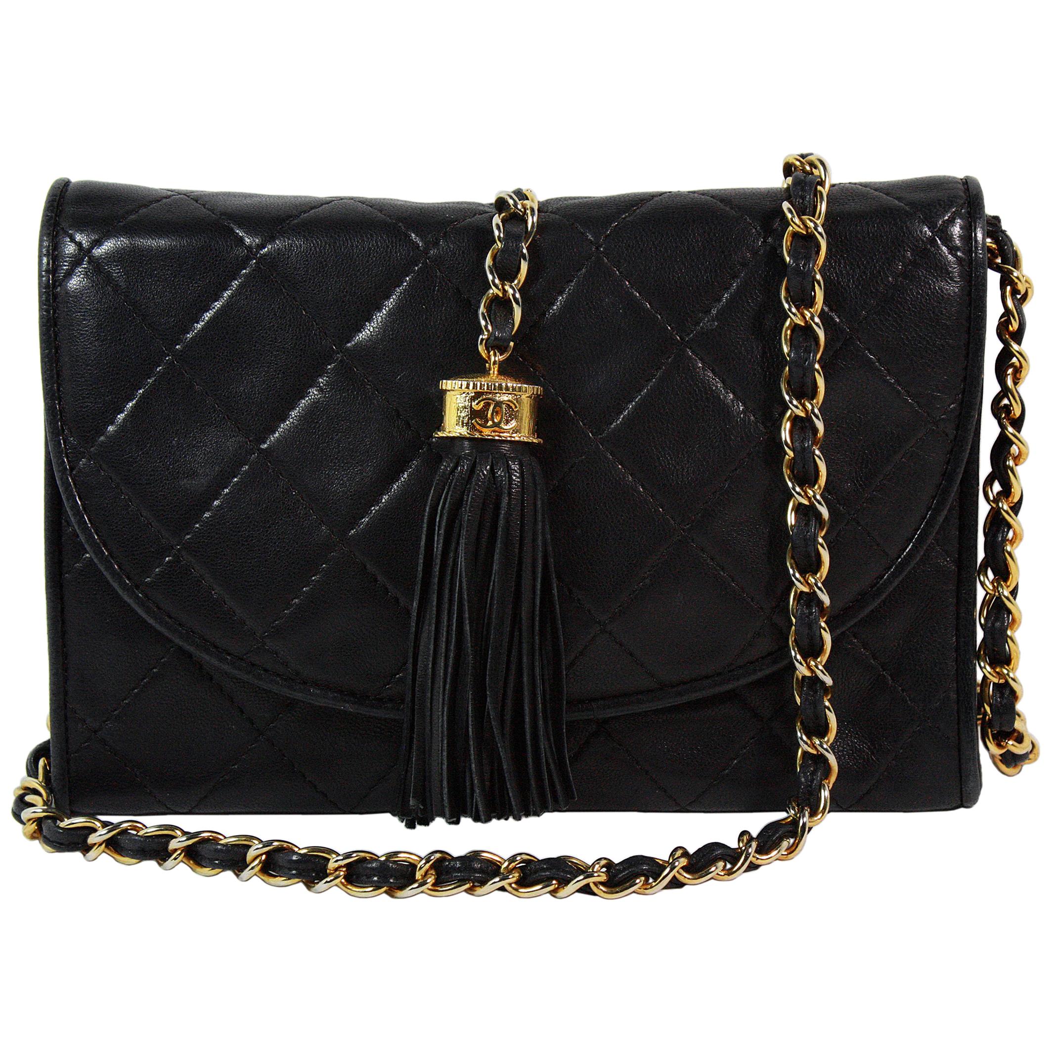 Chanel Black Leather Quilted Crossbody Bag with Tassle