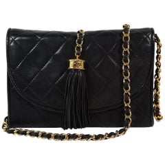 Vintage Chanel Black Leather Quilted Crossbody Bag with Tassle