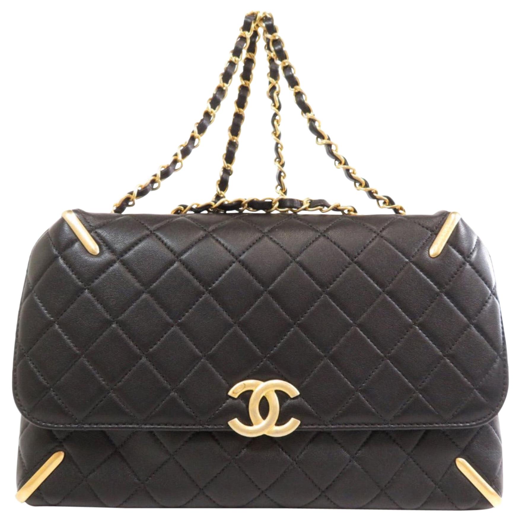 Chanel Black Leather Quilted Gold Evening Tote Carryall Shoulder Flap Bag