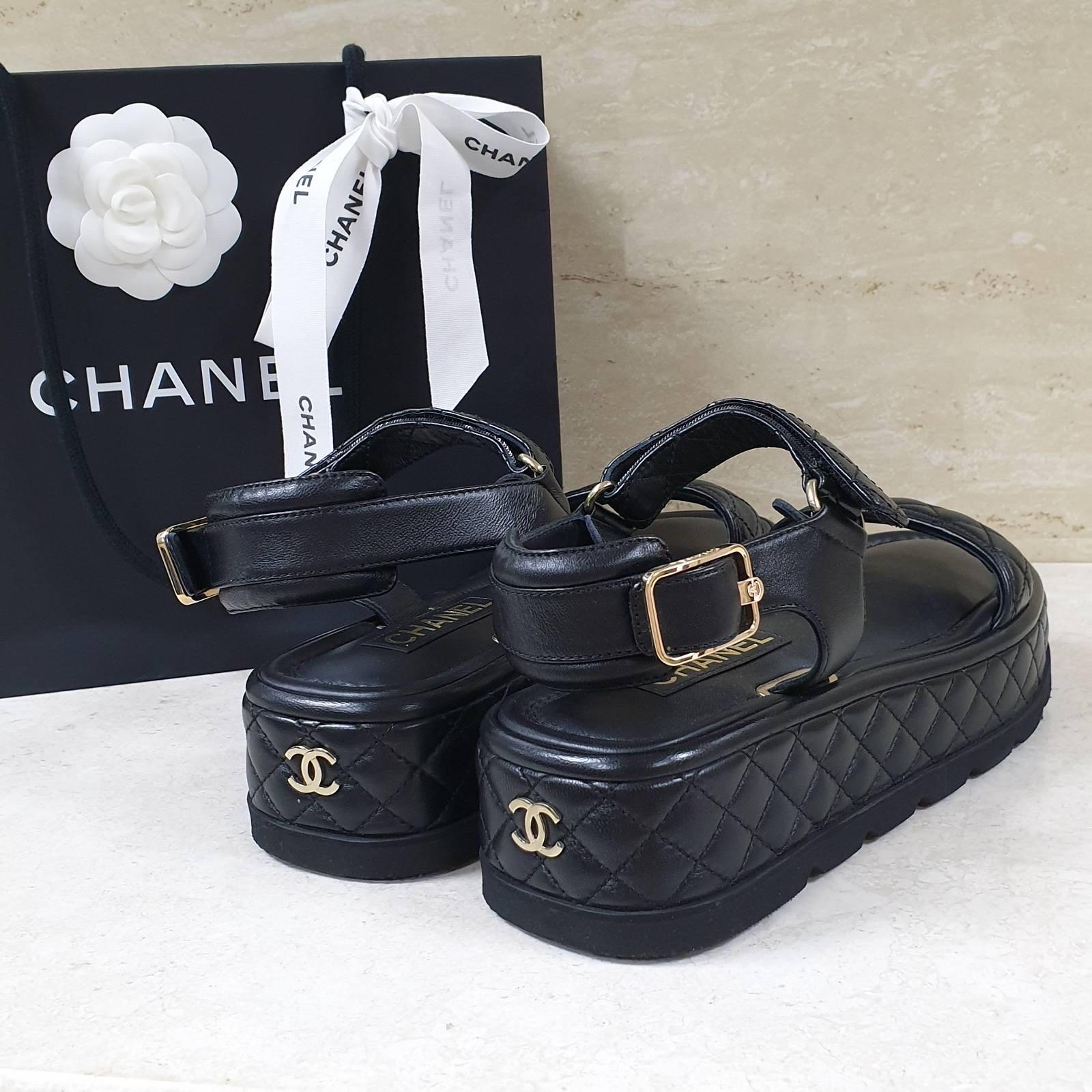 Chanel Black Leather Quilted Low Wedge Sandals 2