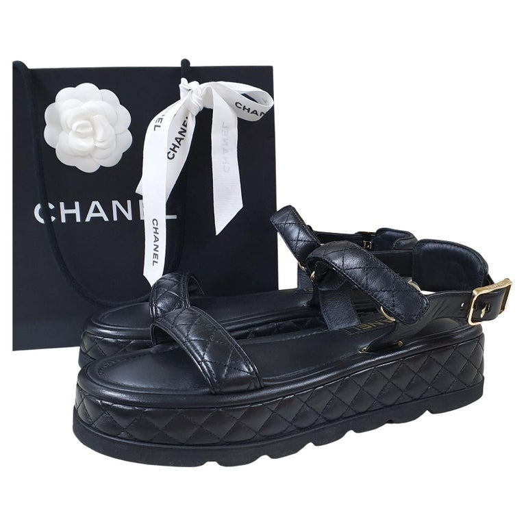 Chanel Black Leather Quilted Low Wedge Sandals at 1stDibs