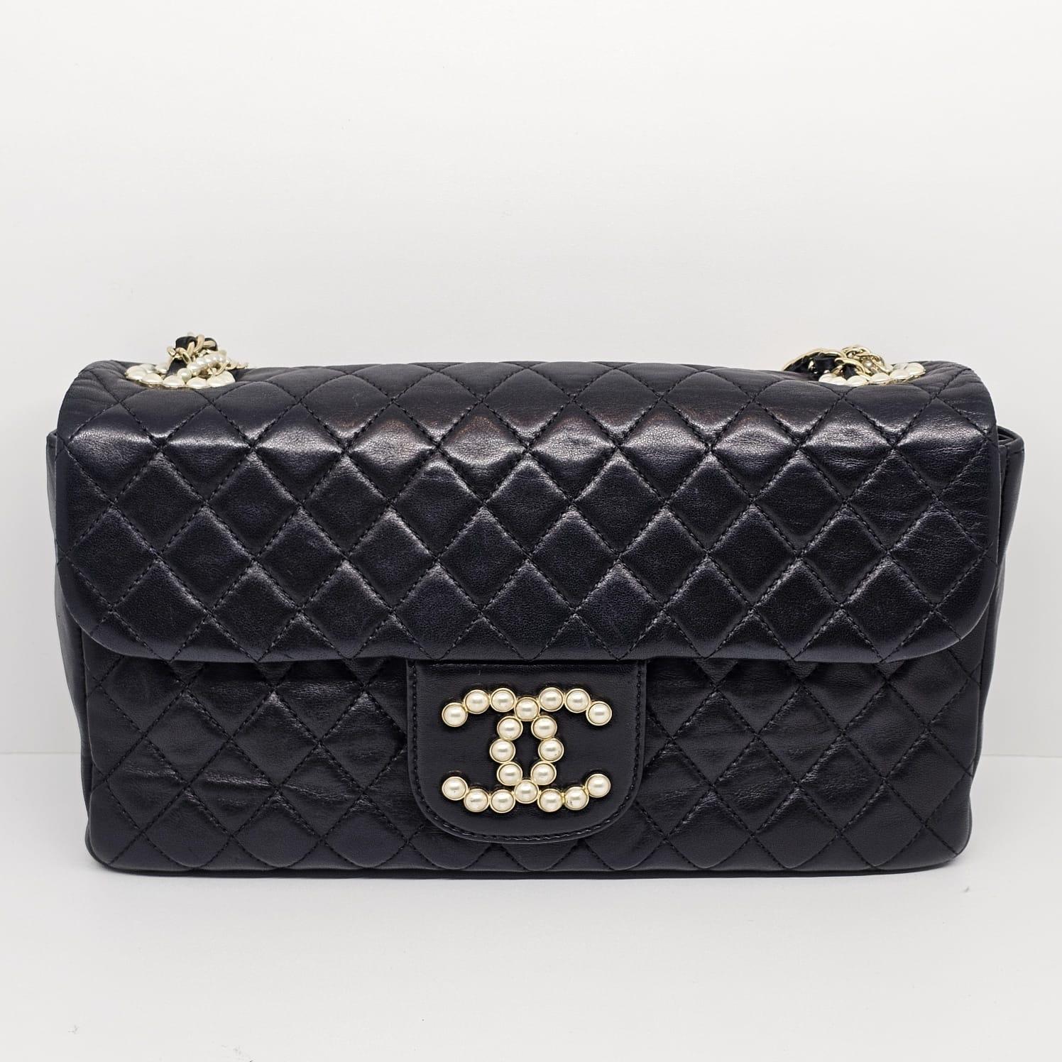 Chanel Black Leather Quilted Medium Westminister Pearl Flap Bag For Sale 6
