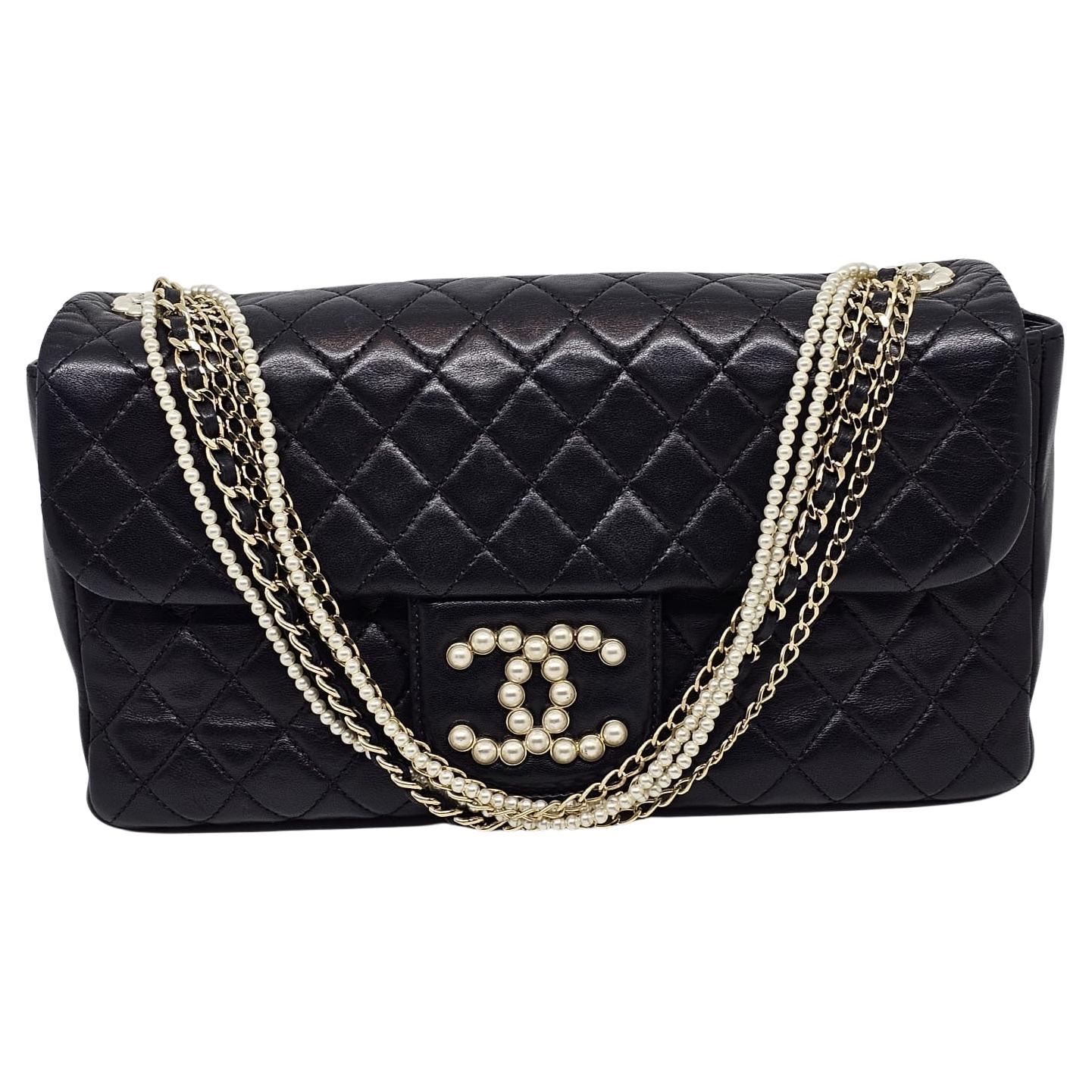 Chanel Black Leather Quilted Medium Westminister Pearl Flap Bag For Sale