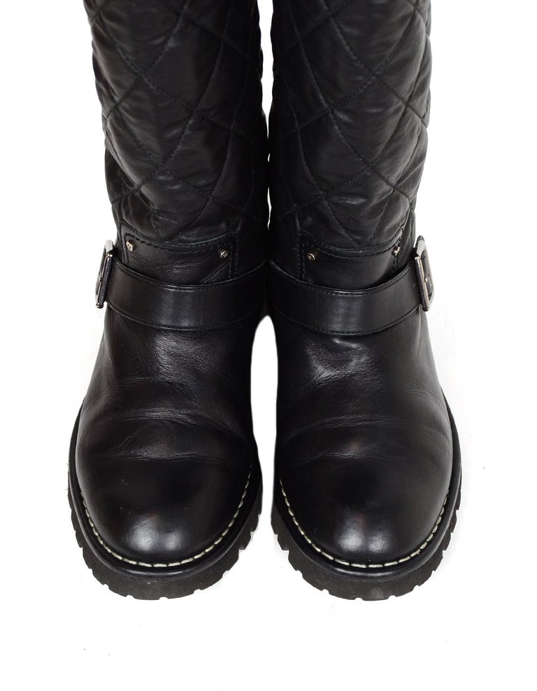 Chanel Black Leather Quilted Moto Boots with Shearling Lining sz