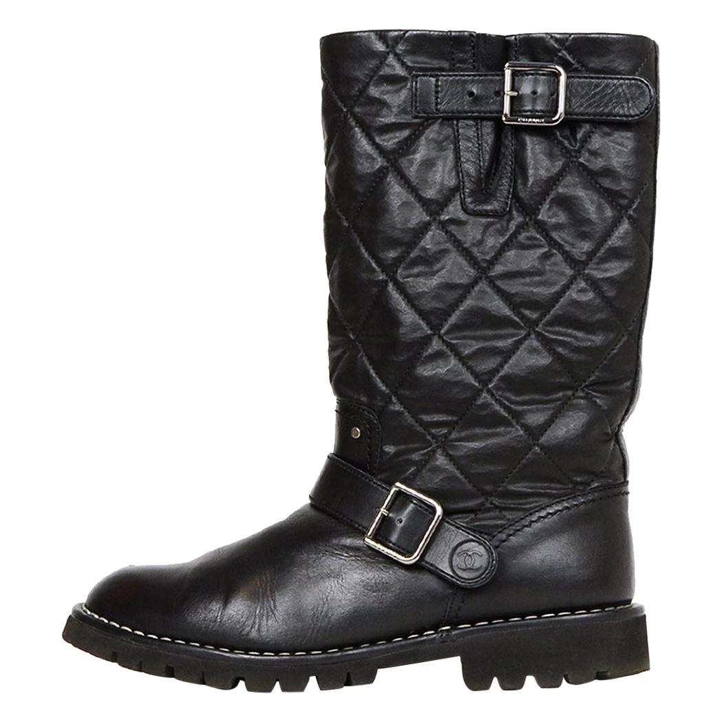 Chanel Black Leather Quilted Moto Boots with Shearling Lining sz 38.5