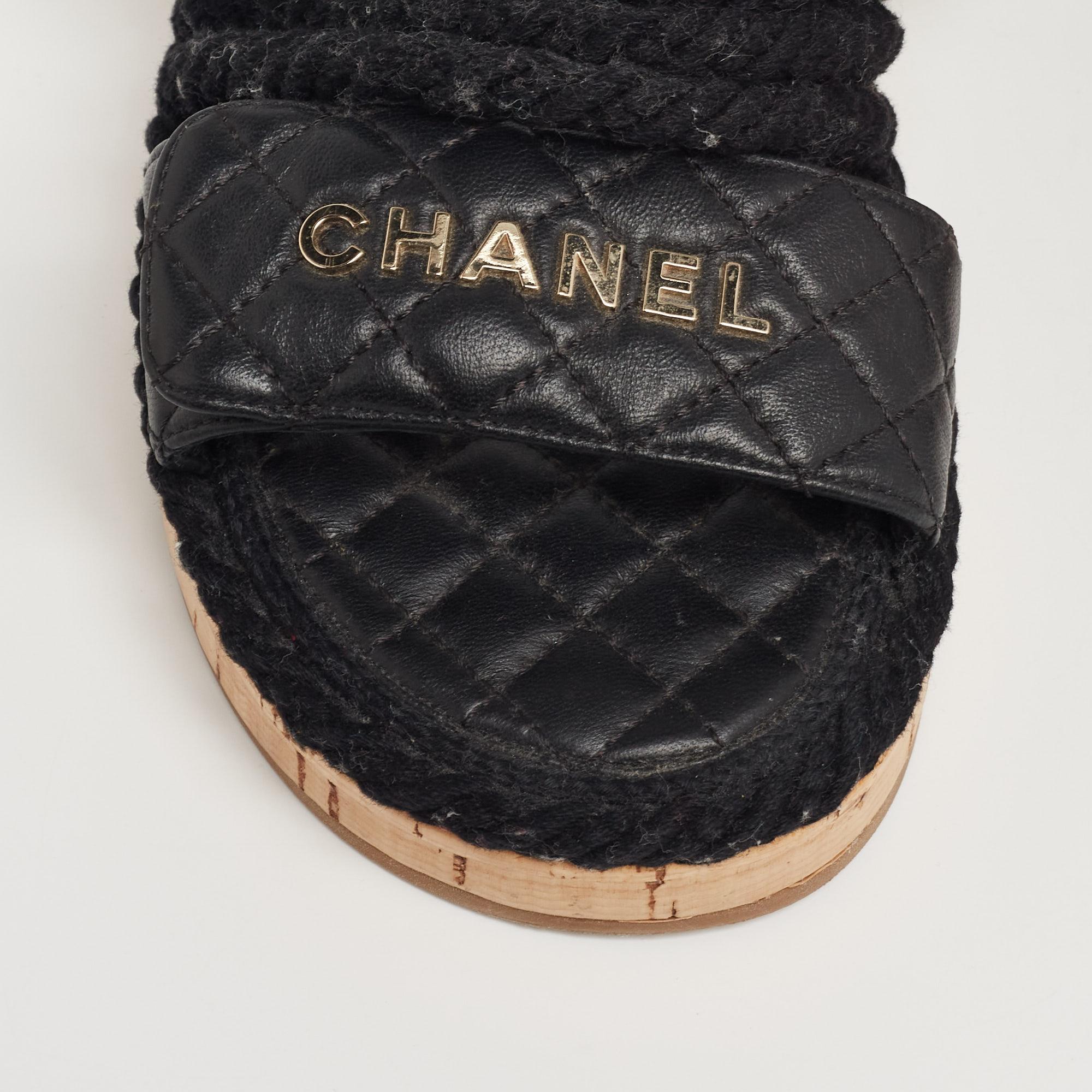 Chanel Black Leather Quilted Rope CC Flat Sandals Size 38 1