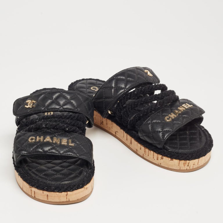 Chanel Black Leather Quilted Rope CC Flat Sandals Size 38 at