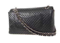 Chanel Black Leather Quilted Silver Medium Evening Shoulder Flap Bag