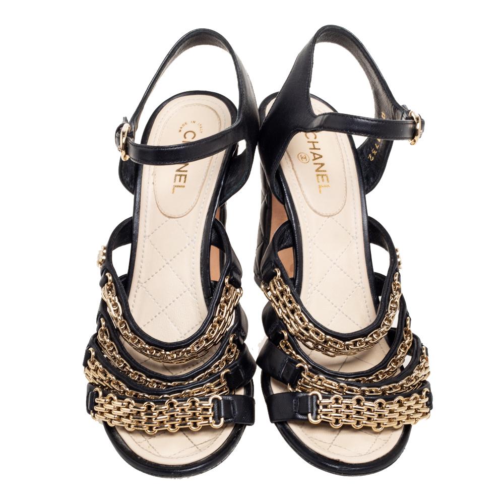 Chanel Black Leather Reissue Chain Ankle-Strap Sandals Size 37 1