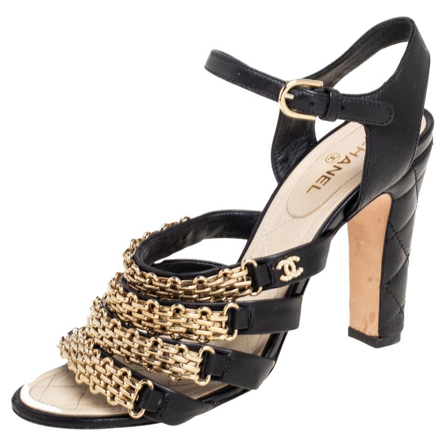 Chanel Black Leather CC Chain Link Strap Sandals Size 39.5 at 1stDibs
