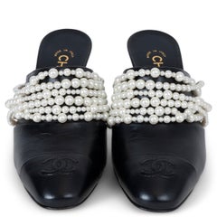 CHANEL black leather REV PEARL Mules Shoes 37