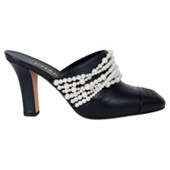 CHANEL cuir noir REV PEARL Mules Chaussures 37